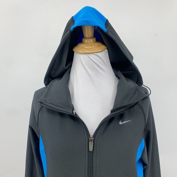 Nike Running Jacket Womens M Medium Gray Blue Full Zip Mock Neck Hooded Dri Fit - Picture 3 of 14